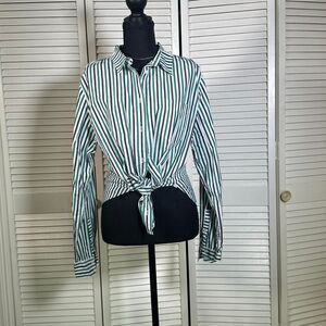 J. Crew green and white striped button up